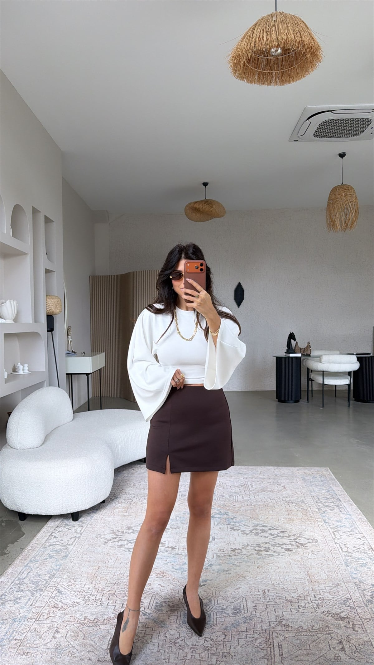 Kahverengi Modal Mini Yırtmaçlı Şortlu Etek