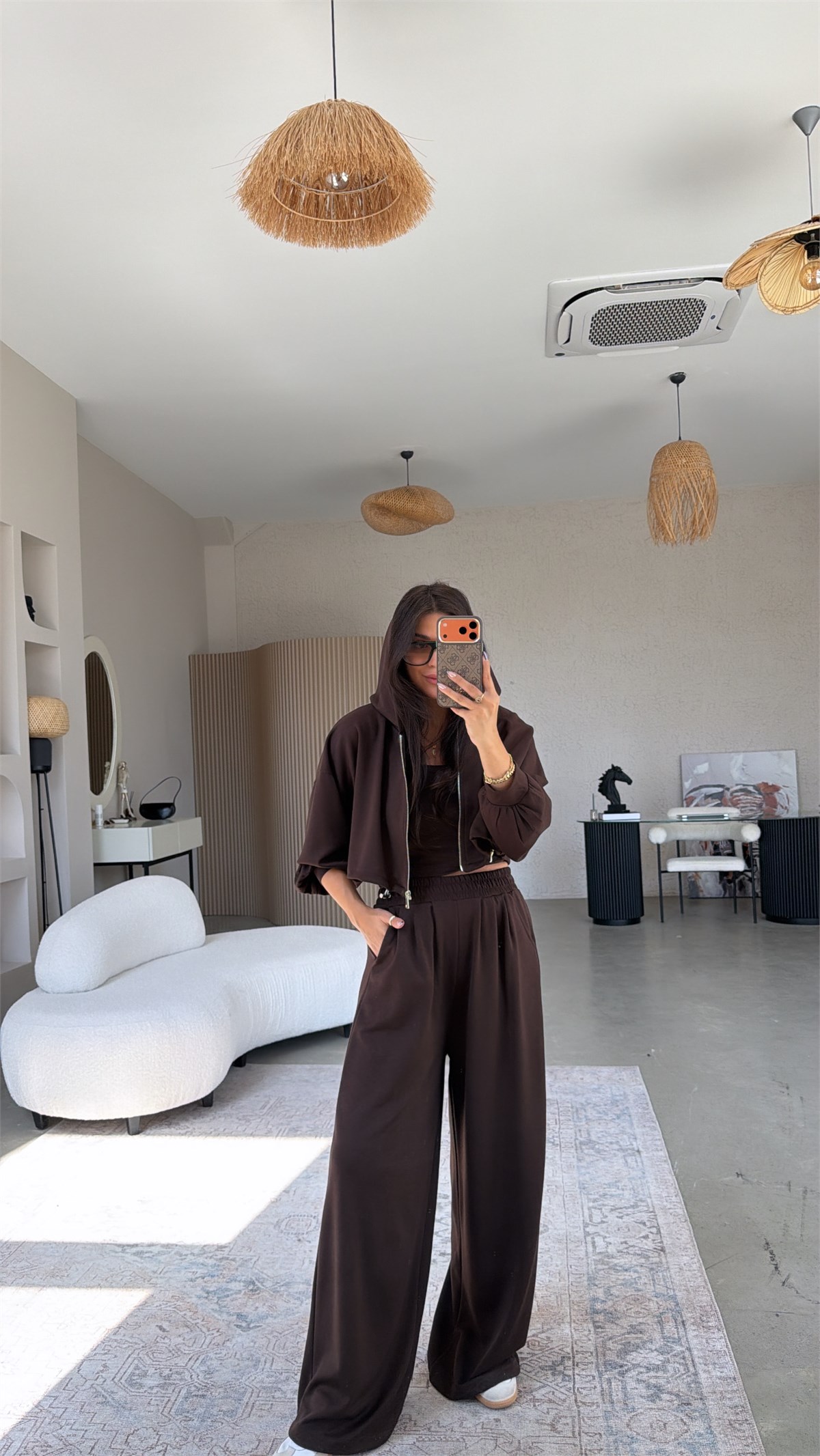 Kahverengi Modal Üçlü Atlet Hoodie Eşofman Takım