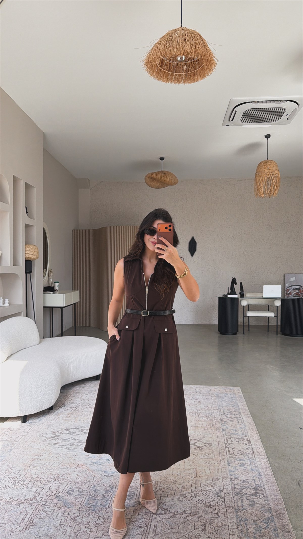 Kahverengi Ntw Model Paraşüt Kumaş Kemerli Premium Elbise
