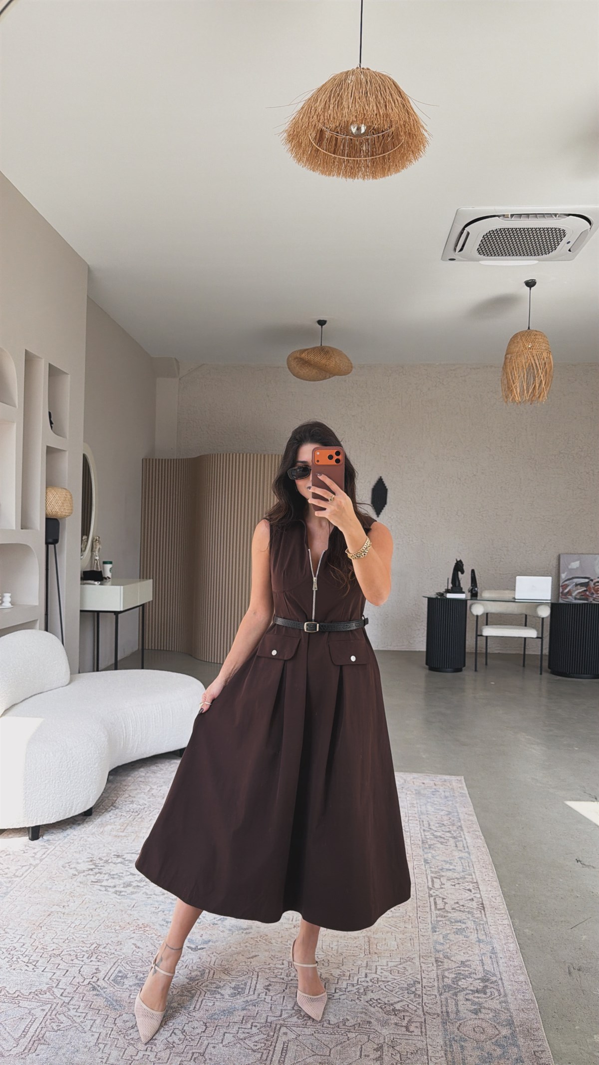 Kahverengi Ntw Model Paraşüt Kumaş Kemerli Premium Elbise