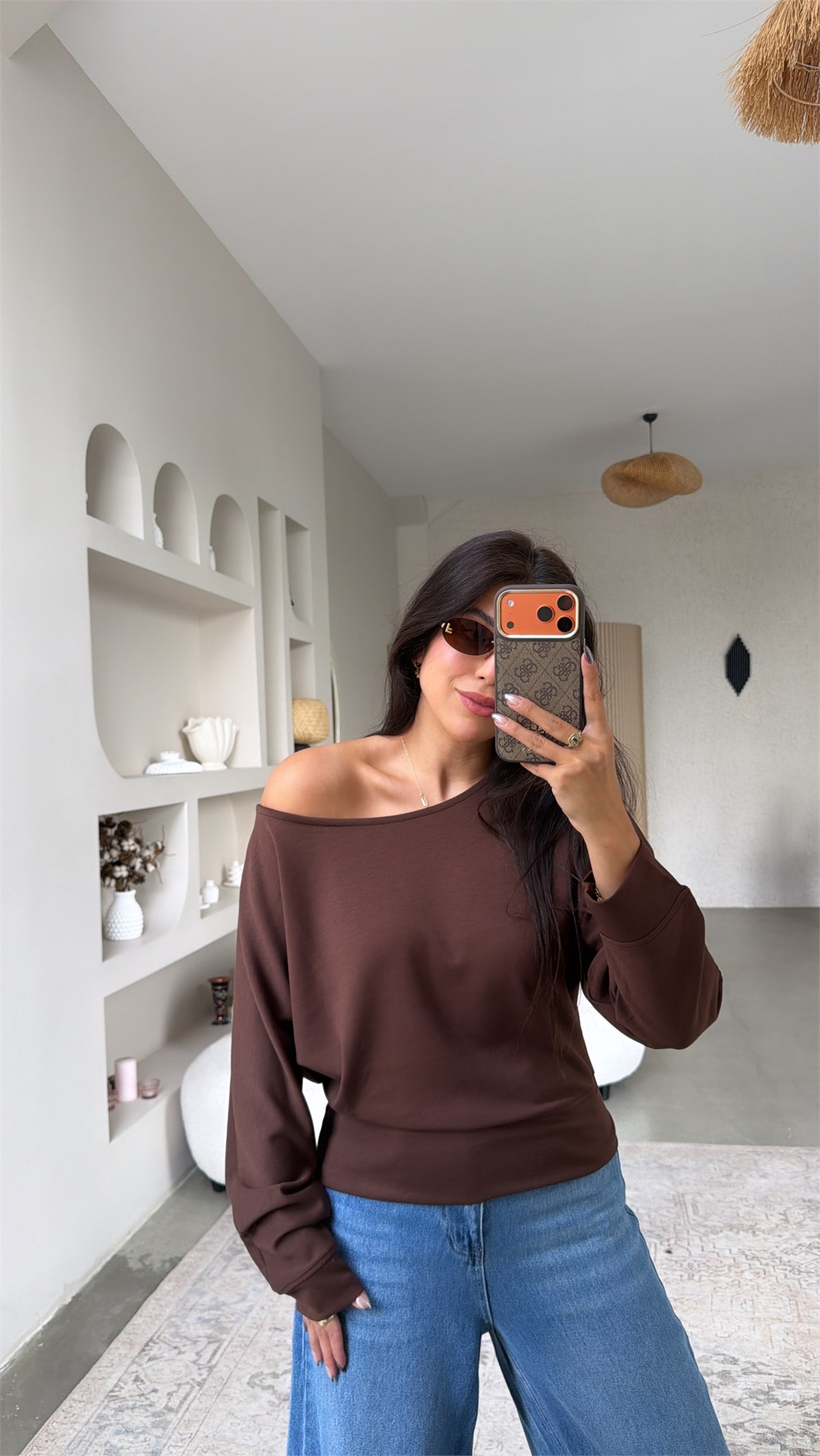 Kahverengi Omzu Açık Modal Sweatshirt