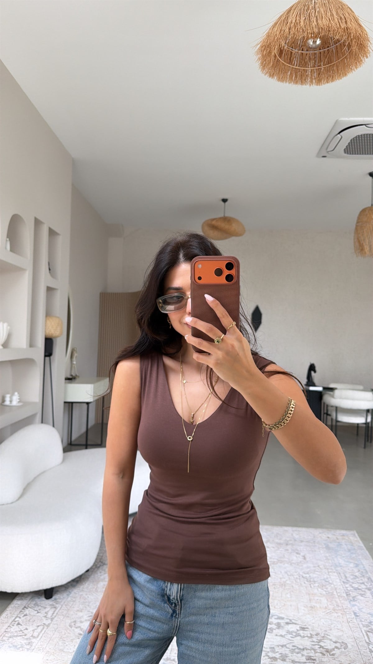 Kahverengi Ön Arka V Yaka Viskon Atlet