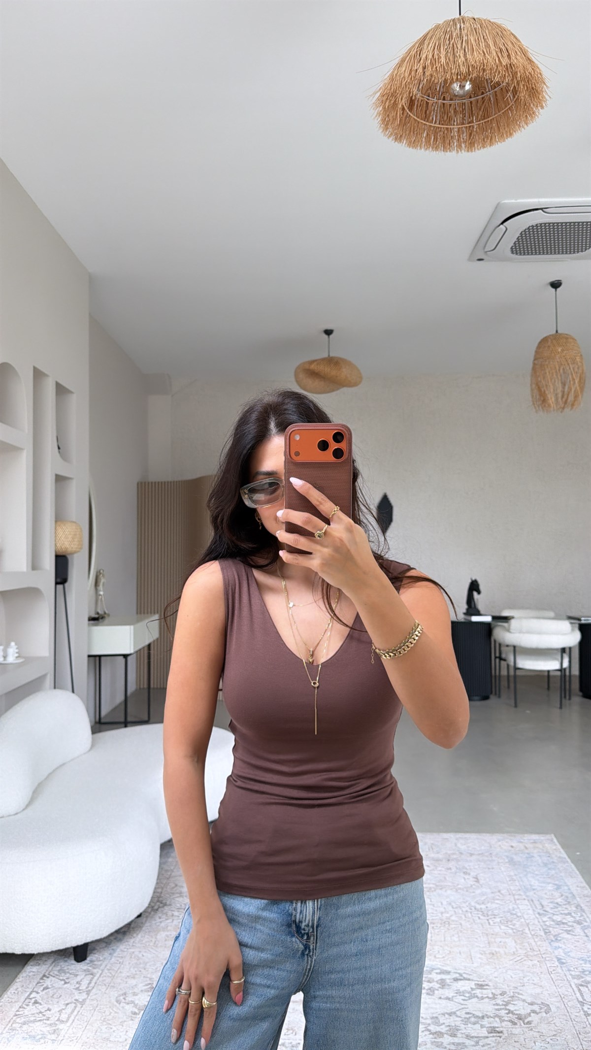 Kahverengi Ön Arka V Yaka Viskon Atlet