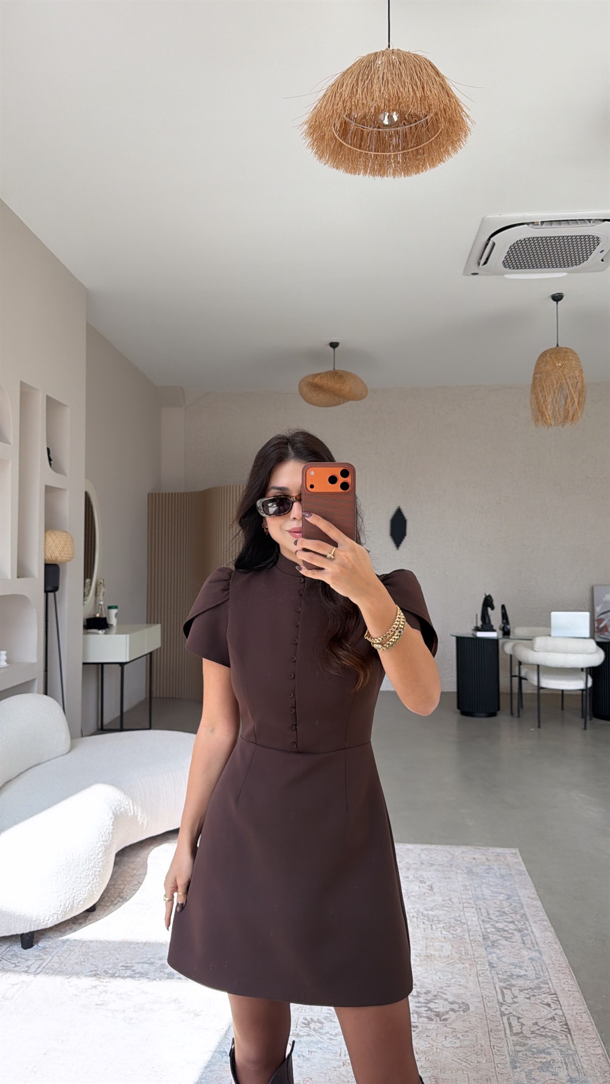 Kahverengi Ön Düğme Detaylı Premium Elbise
