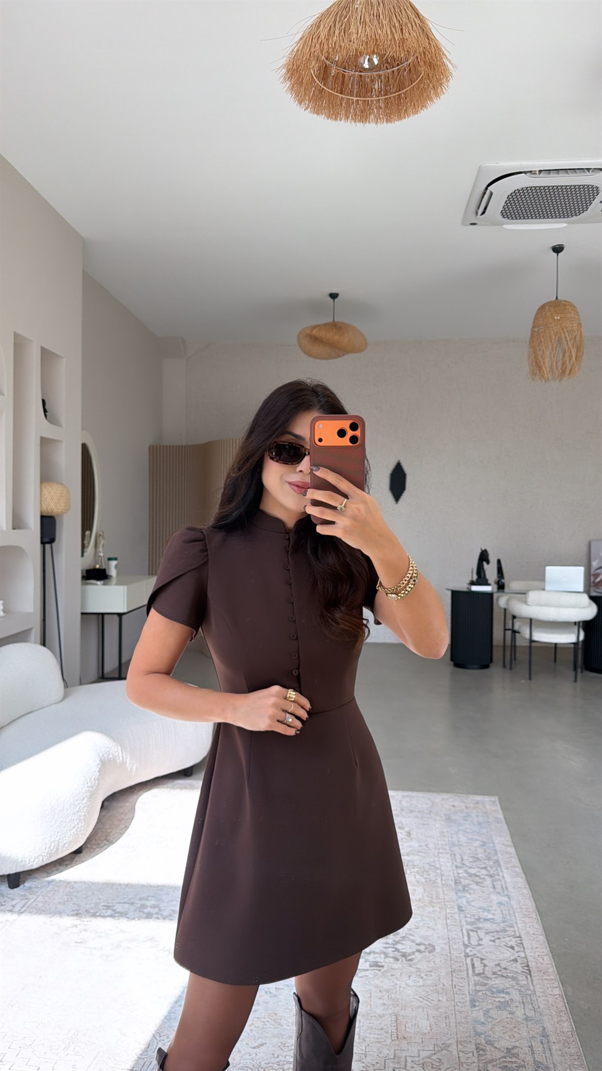 Kahverengi Ön Düğme Detaylı Premium Elbise