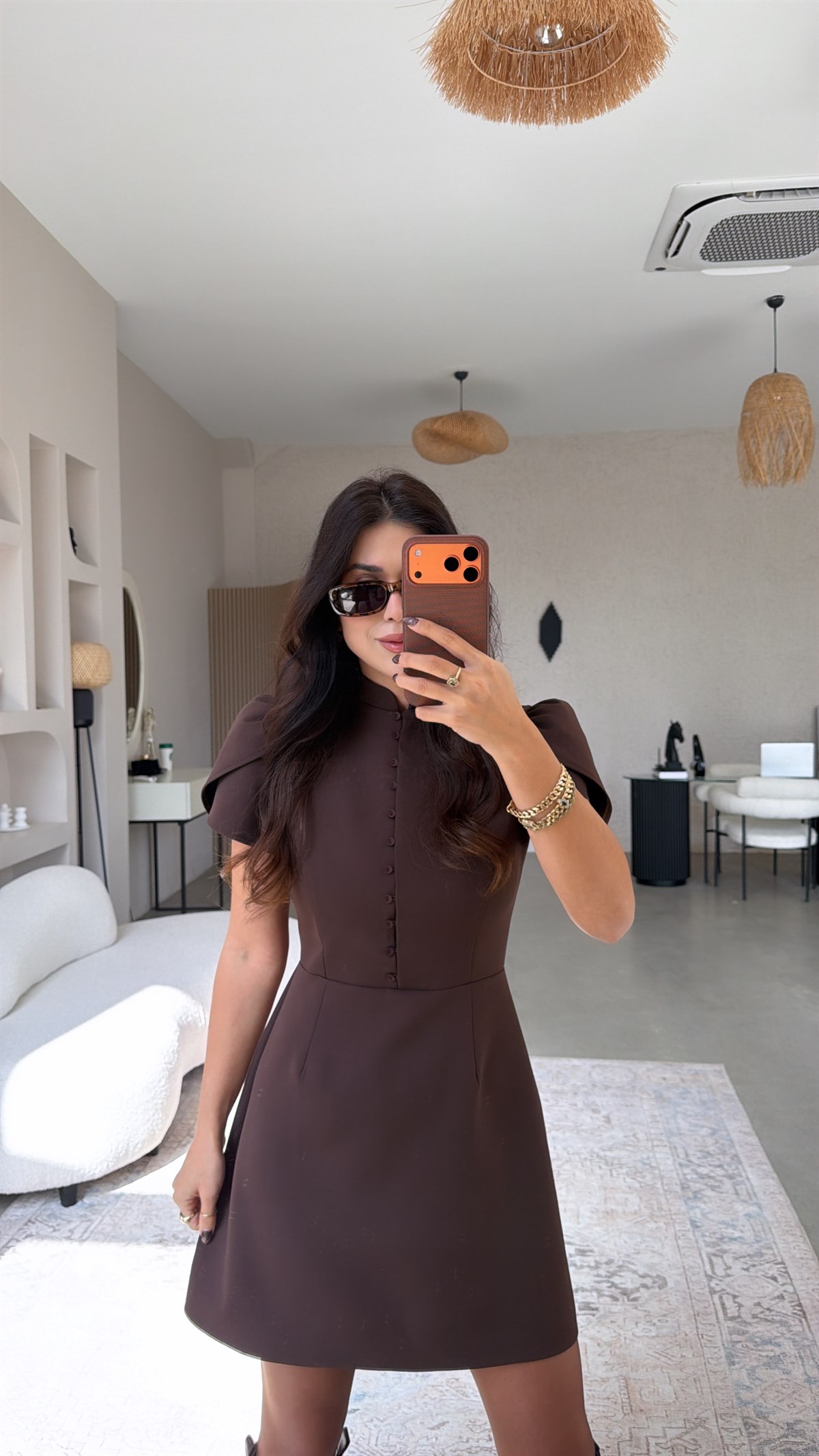 Kahverengi Ön Düğme Detaylı Premium Elbise