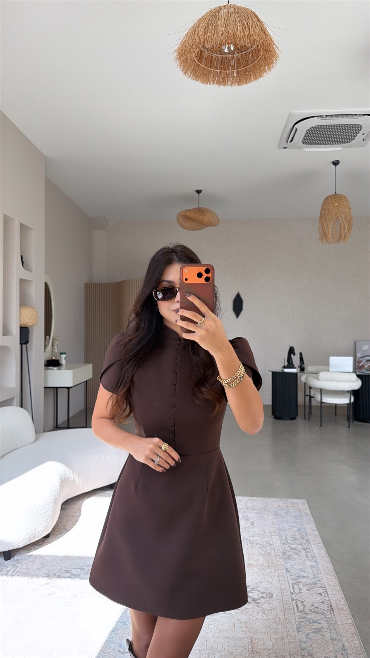 Kahverengi Ön Düğme Detaylı Premium Elbise