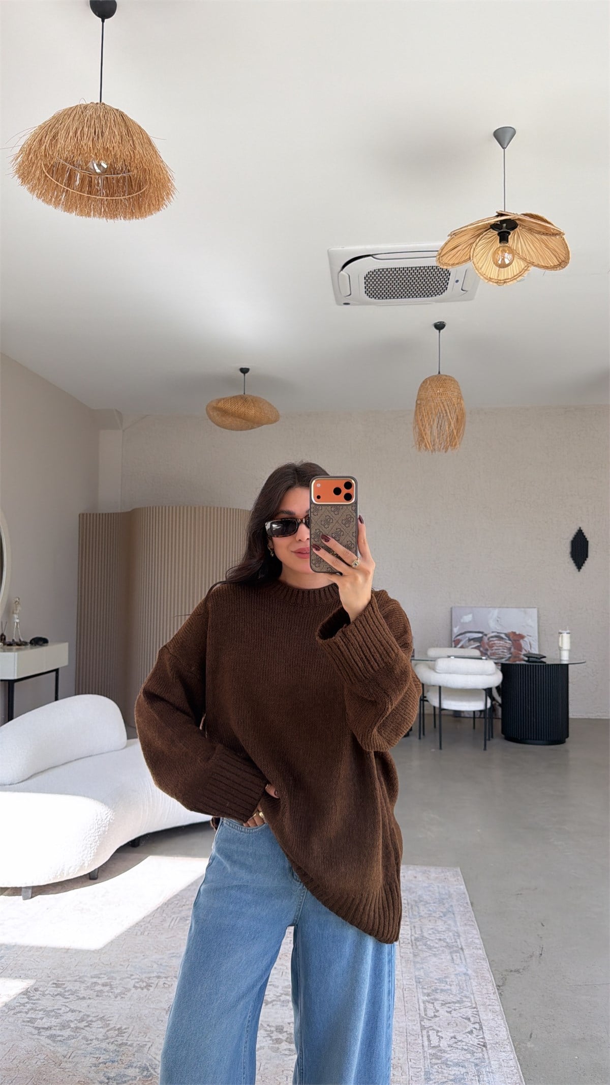Kahverengi Oversize Yumoş Doku Basic Kazak