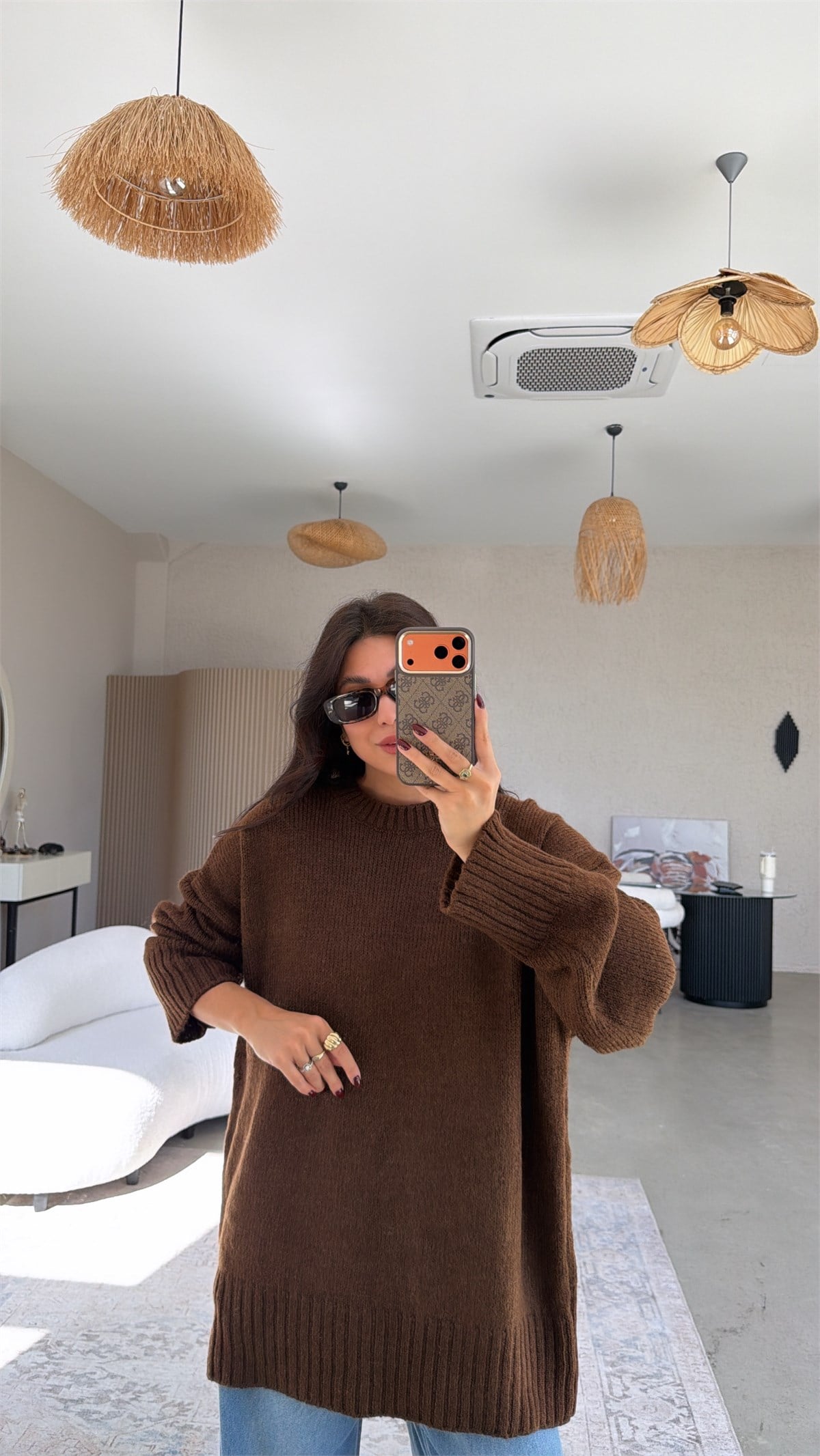 Kahverengi Oversize Yumoş Doku Basic Kazak