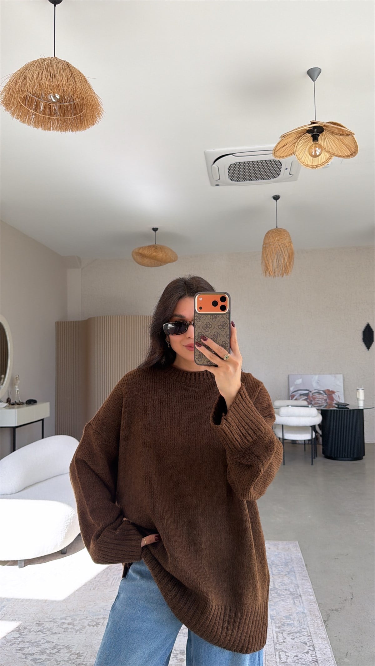 Kahverengi Oversize Yumoş Doku Basic Kazak