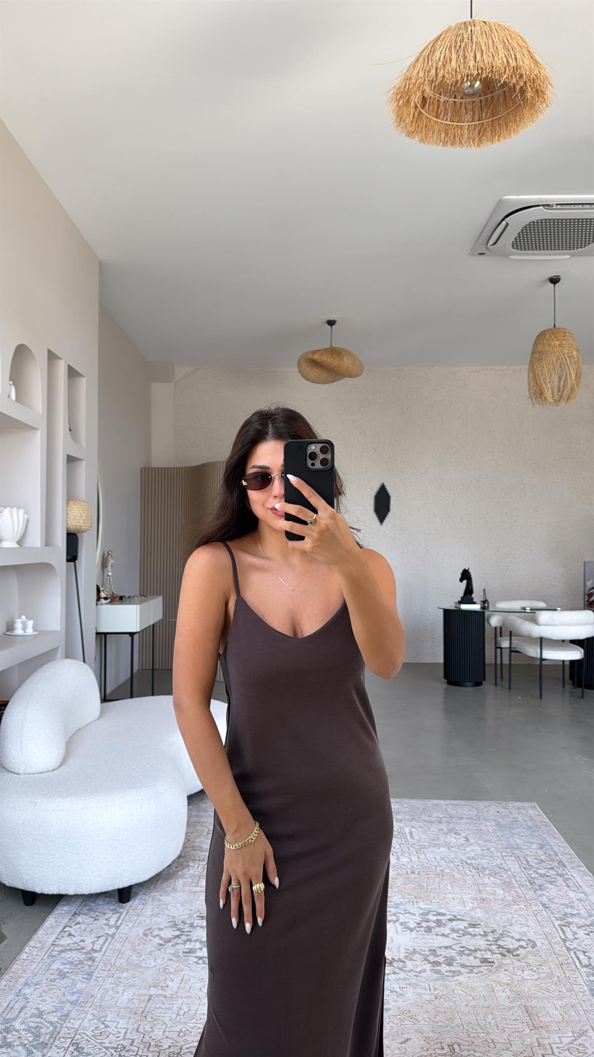 Kahverengi Oys Askılı Basic Elbise