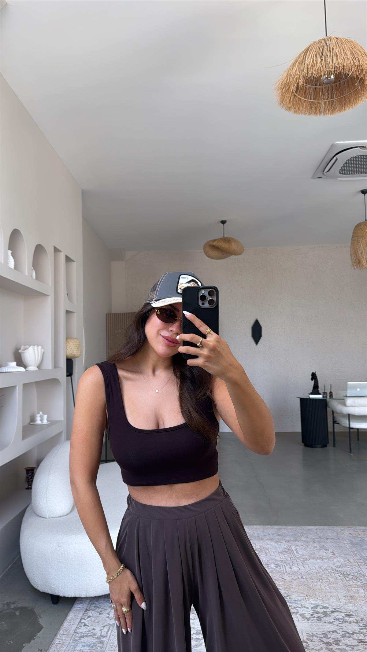 Kahverengi Oys Kalın Askı Crop Atlet