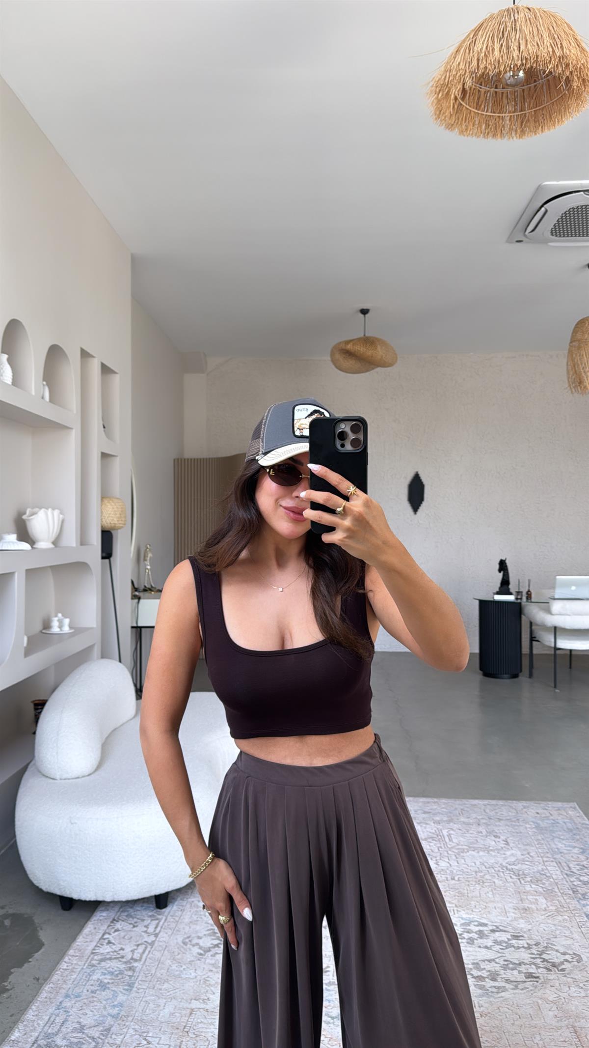 Kahverengi Oys Kalın Askı Crop Atlet