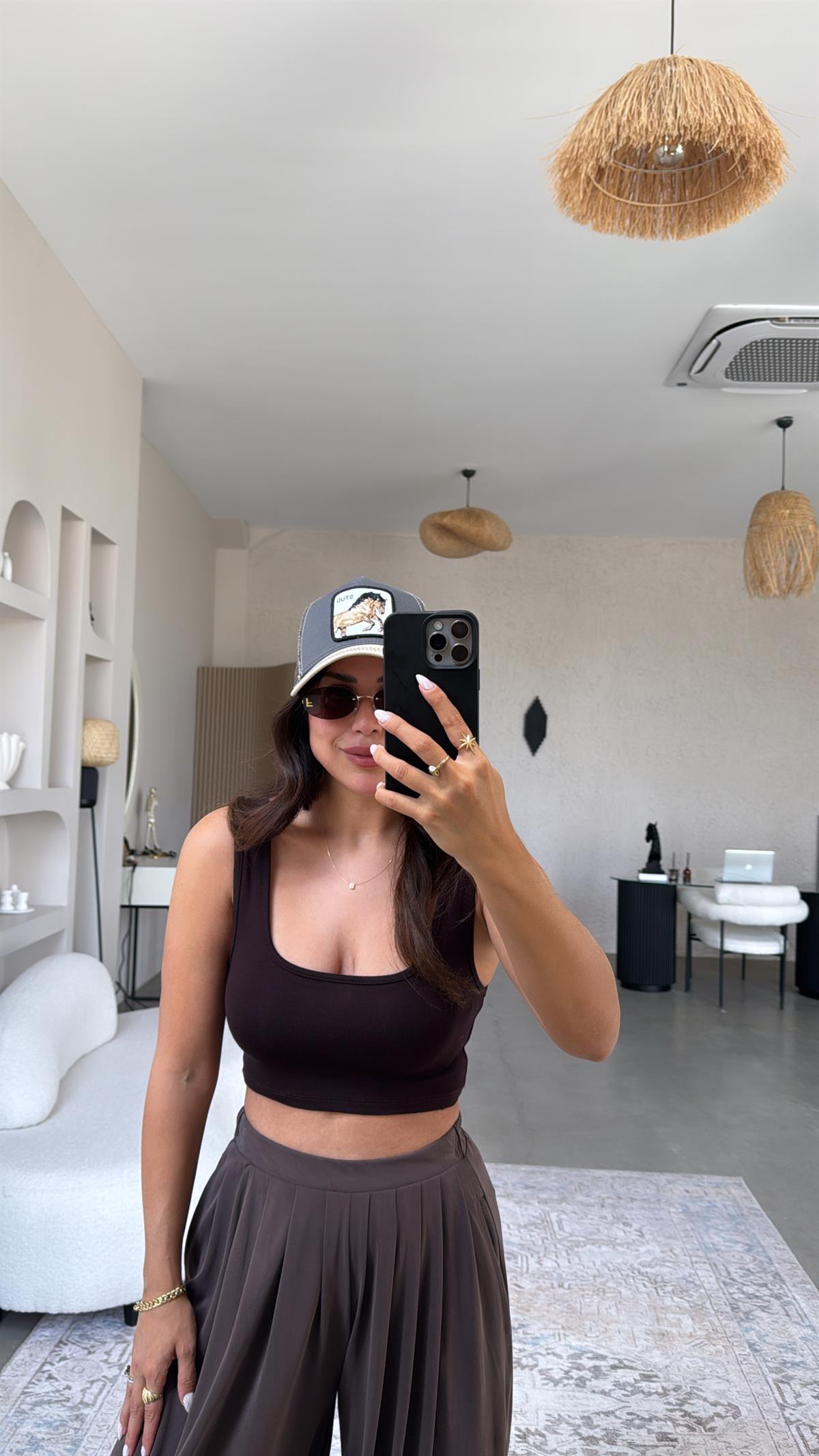 Kahverengi Oys Kalın Askı Crop Atlet