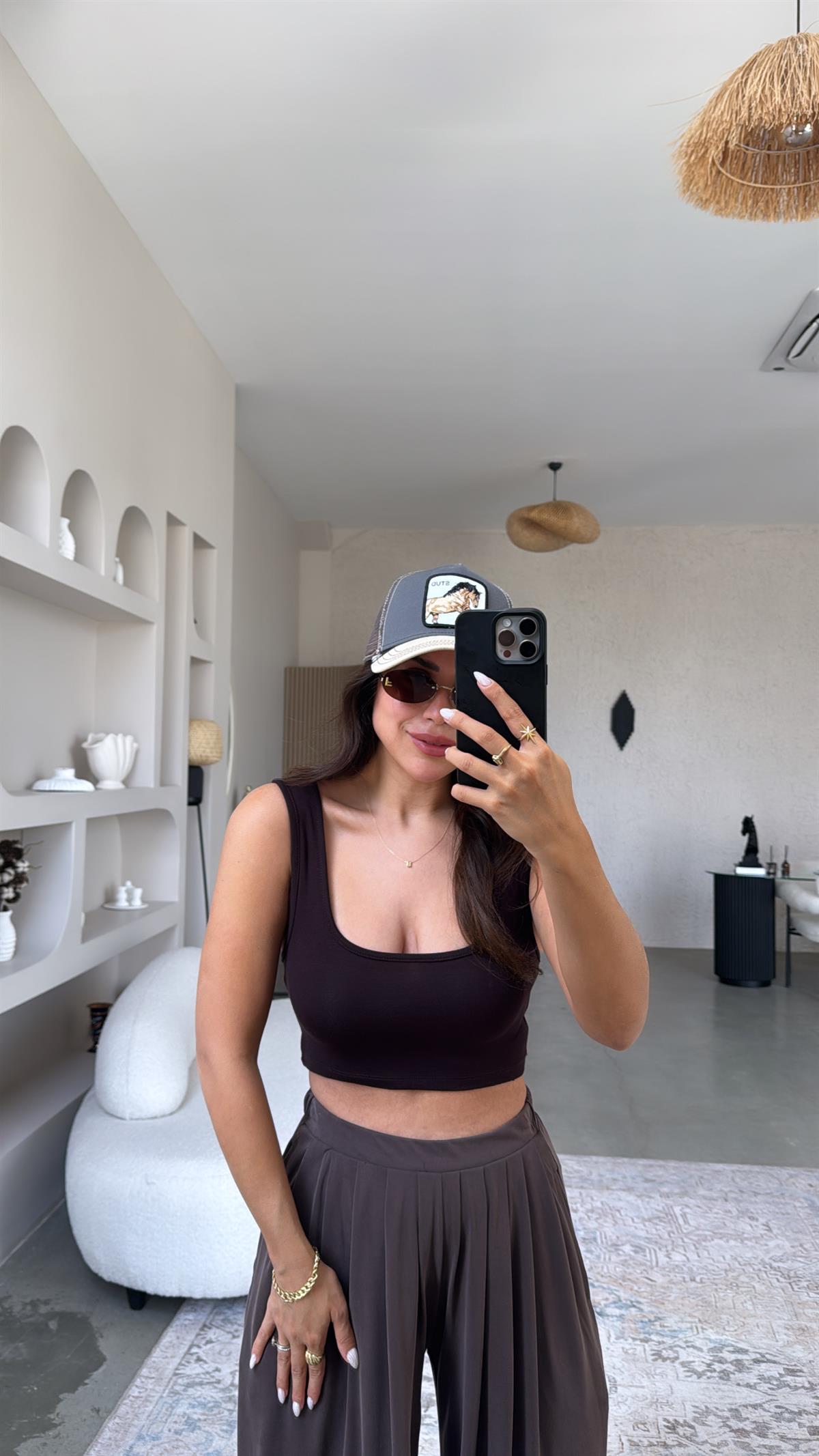 Kahverengi Oys Kalın Askı Crop Atlet