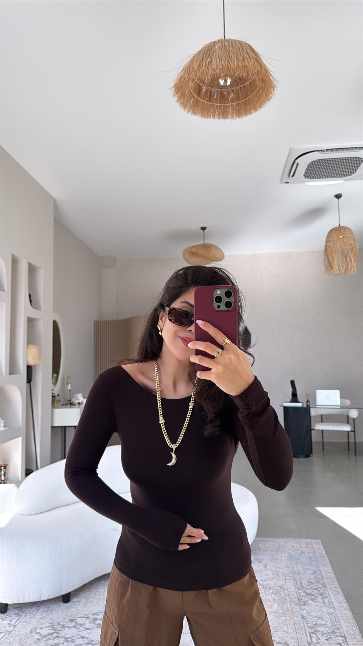 Kahverengi Oys Kayık Yaka Bluz