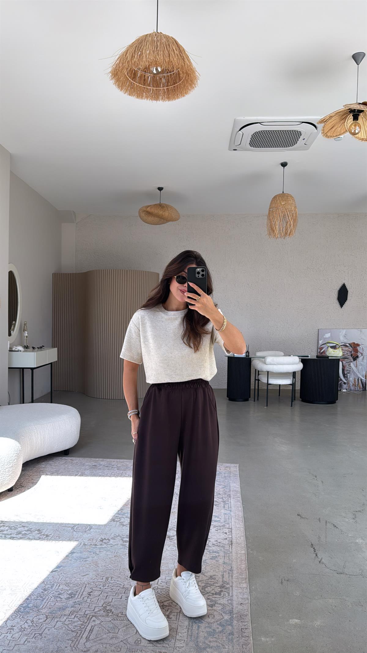 Kahverengi Paça Tutturmalı Eşofman