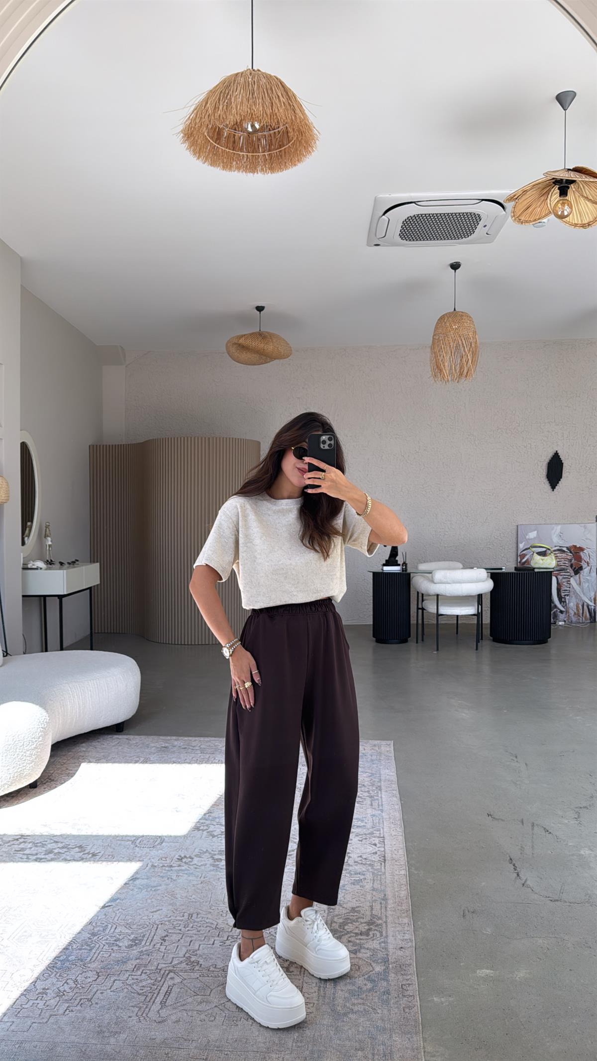 Kahverengi Paça Tutturmalı Eşofman