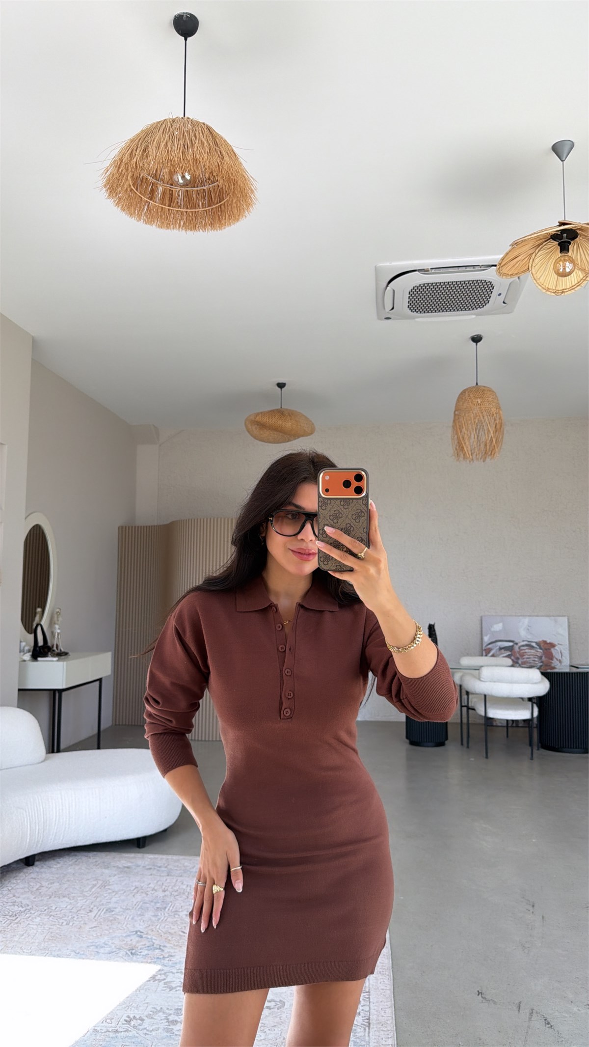 Kahverengi Polo Yaka Premium Triko Basic Elbise