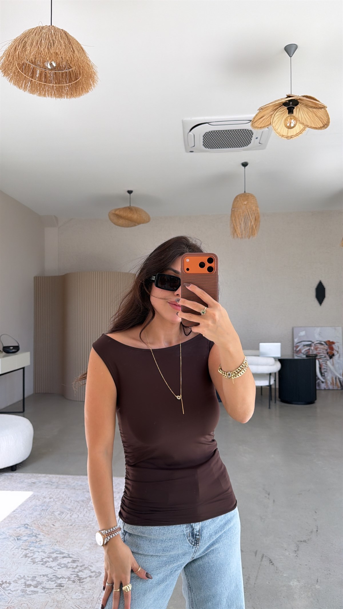 Kahverengi Polyamid Yan Büzgü Bluz