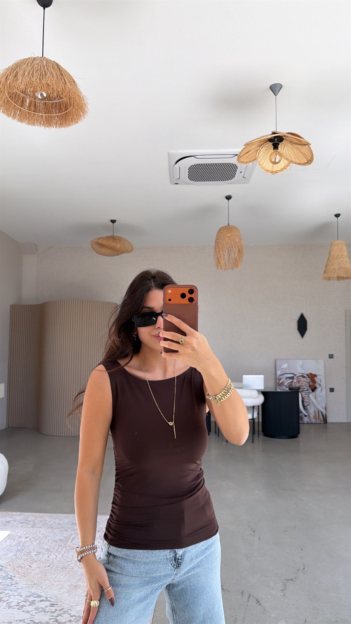 Kahverengi Polyamid Yan Büzgü Bluz