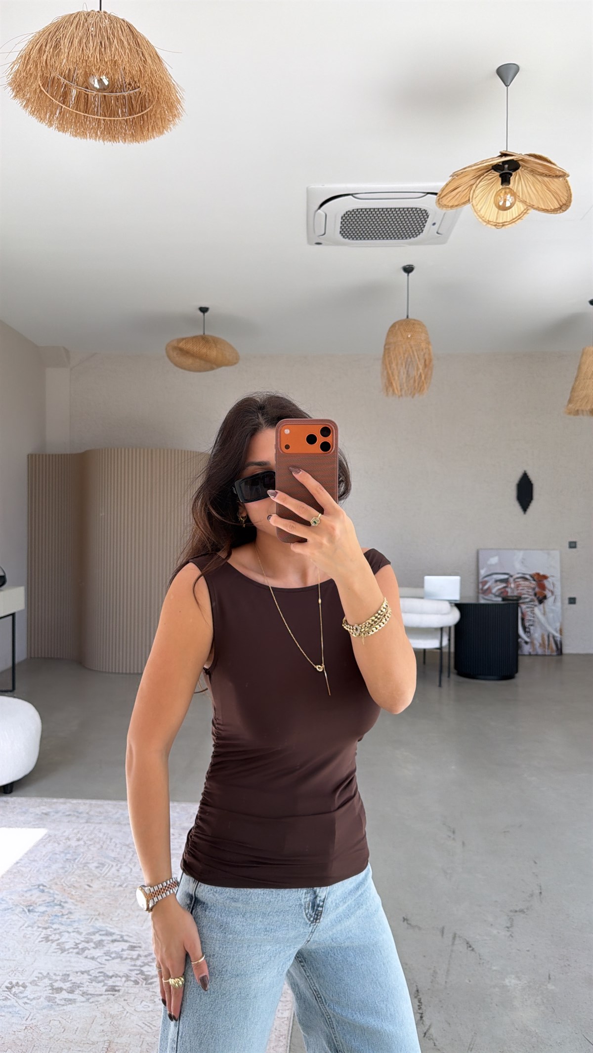 Kahverengi Polyamid Yan Büzgü Bluz