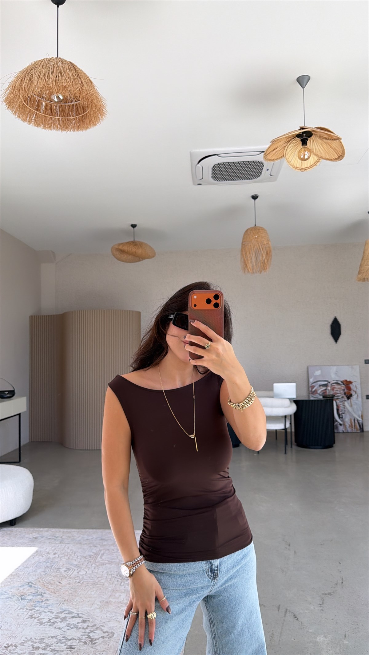 Kahverengi Polyamid Yan Büzgü Bluz