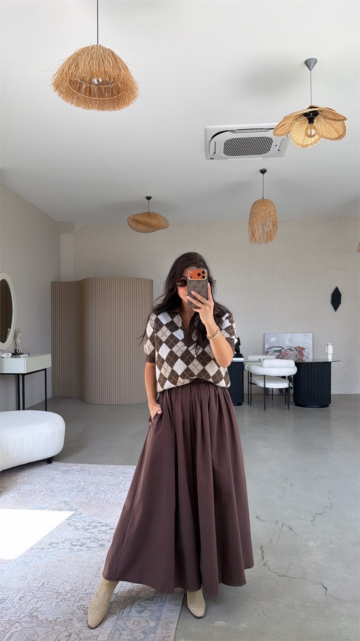 Kahverengi Poplin Maxi Beli Lastikli Etek