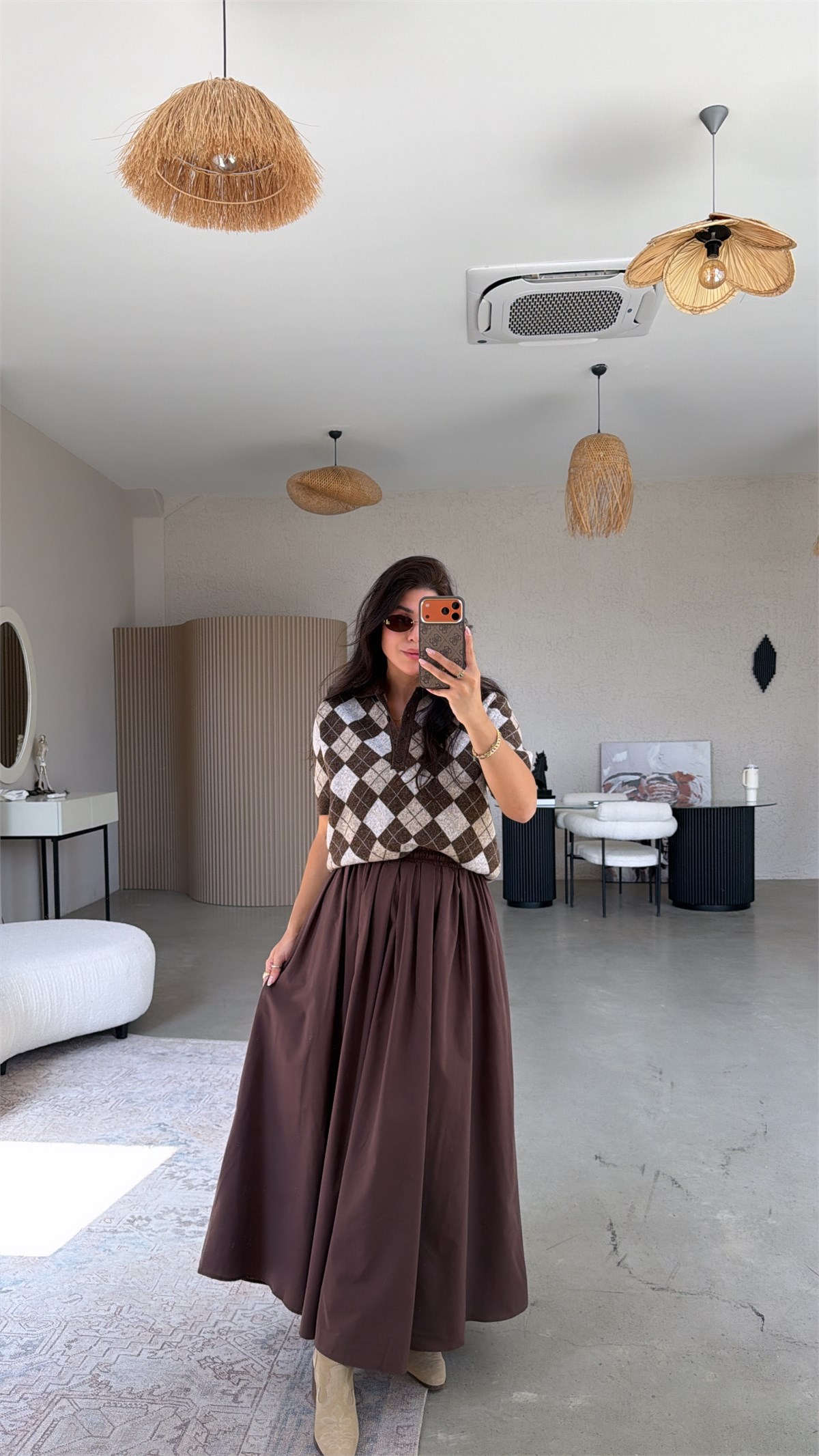 Kahverengi Poplin Maxi Beli Lastikli Etek