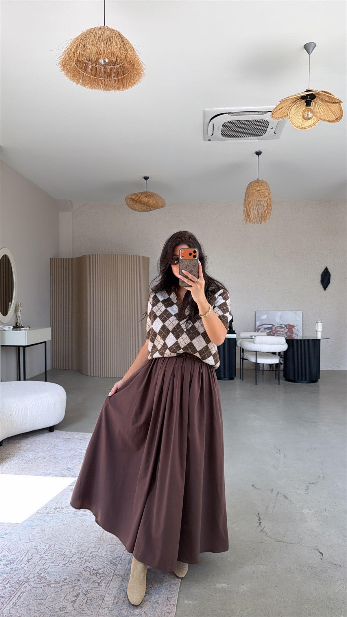 Kahverengi Poplin Maxi Beli Lastikli Etek
