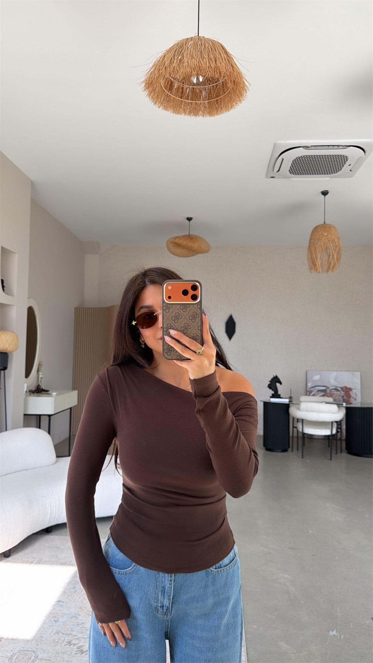 Kahverengi Premium Cotton Büzgülü Kayık Yaka Bluz