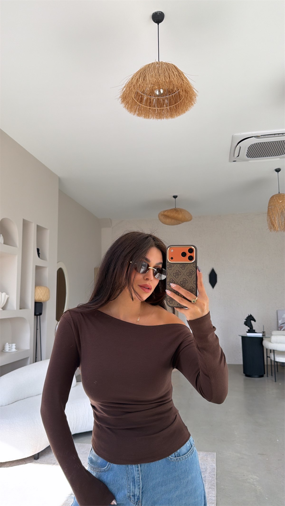 Kahverengi Premium Cotton Büzgülü Kayık Yaka Bluz