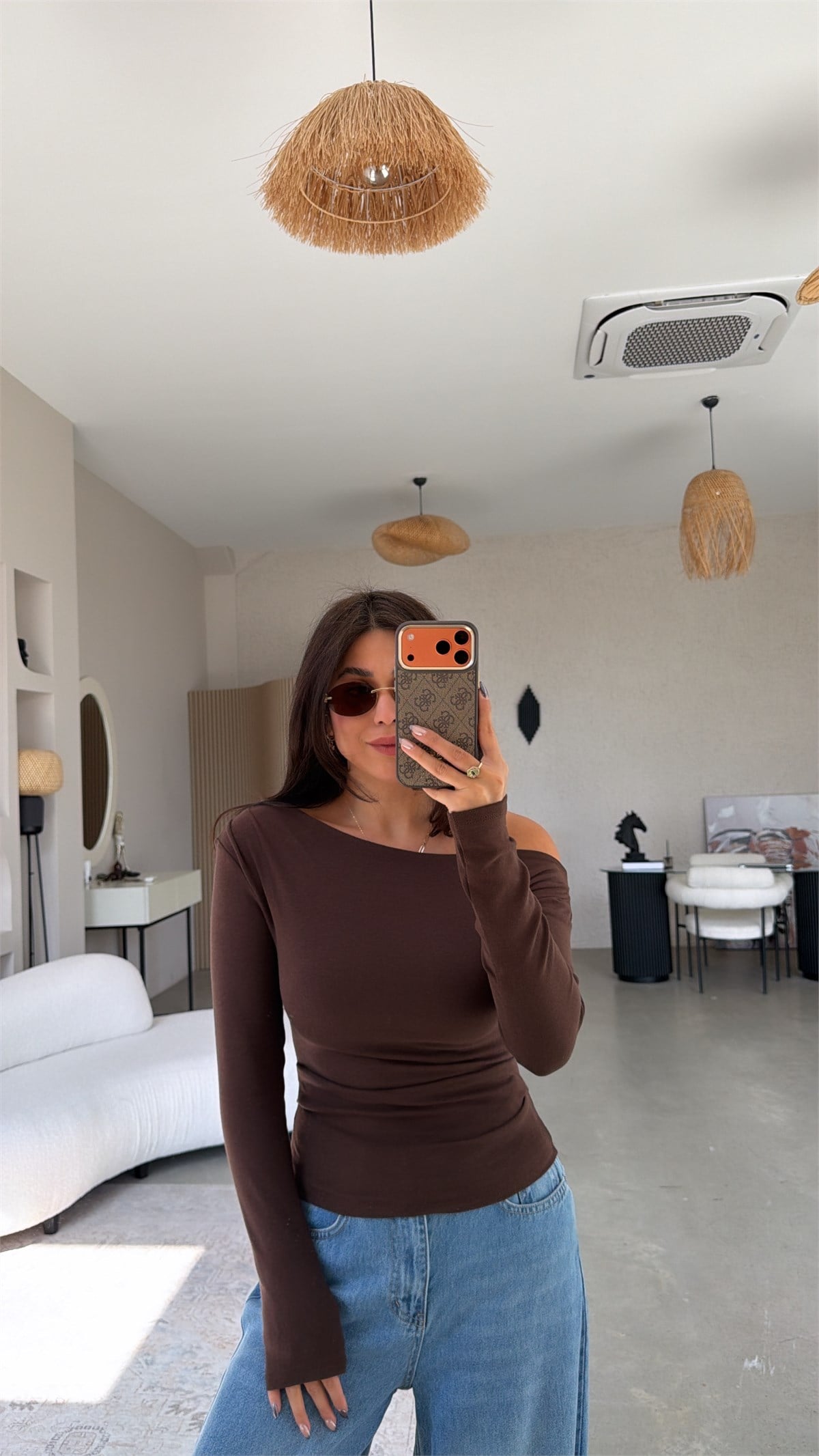 Kahverengi Premium Cotton Büzgülü Kayık Yaka Bluz