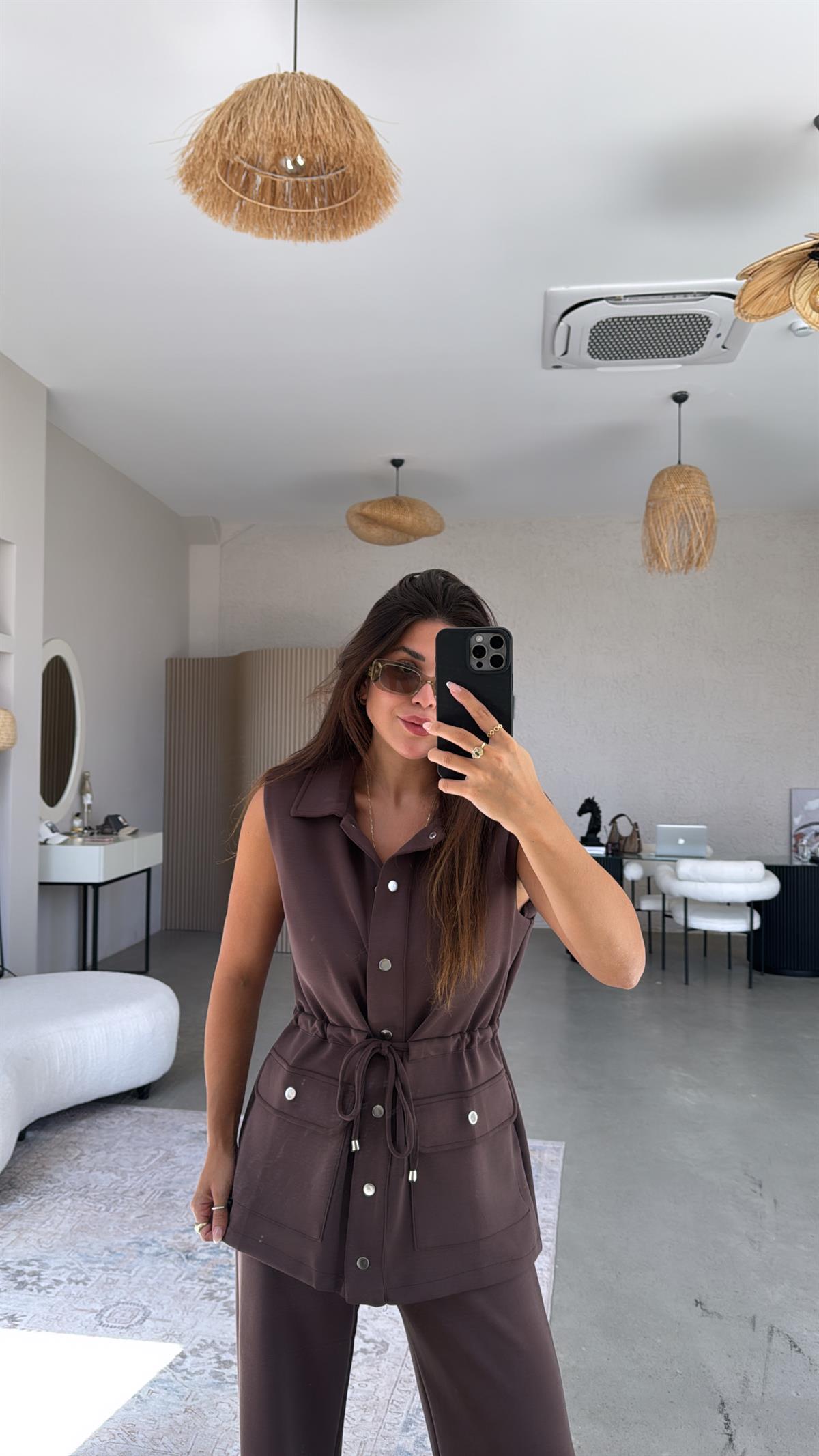 Kahverengi Premium Modal Yelek Pantolon Takım