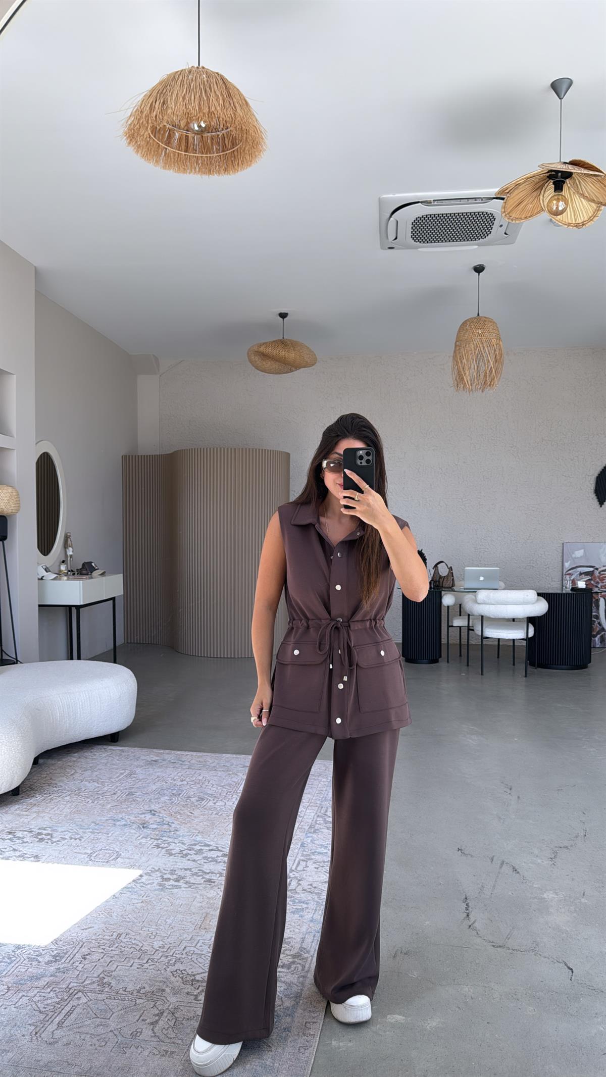 Kahverengi Premium Modal Yelek Pantolon Takım