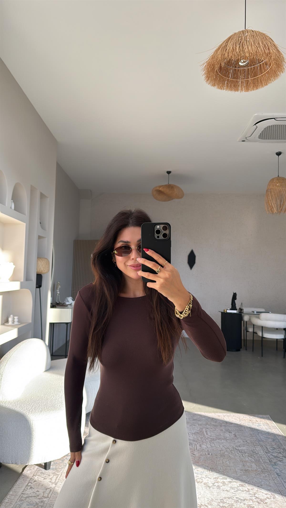 Kahverengi Pyr Uzun Kol Basic Bluz