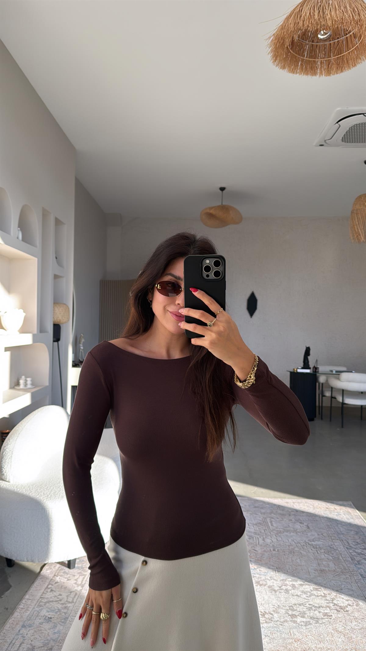 Kahverengi Pyr Uzun Kol Basic Bluz