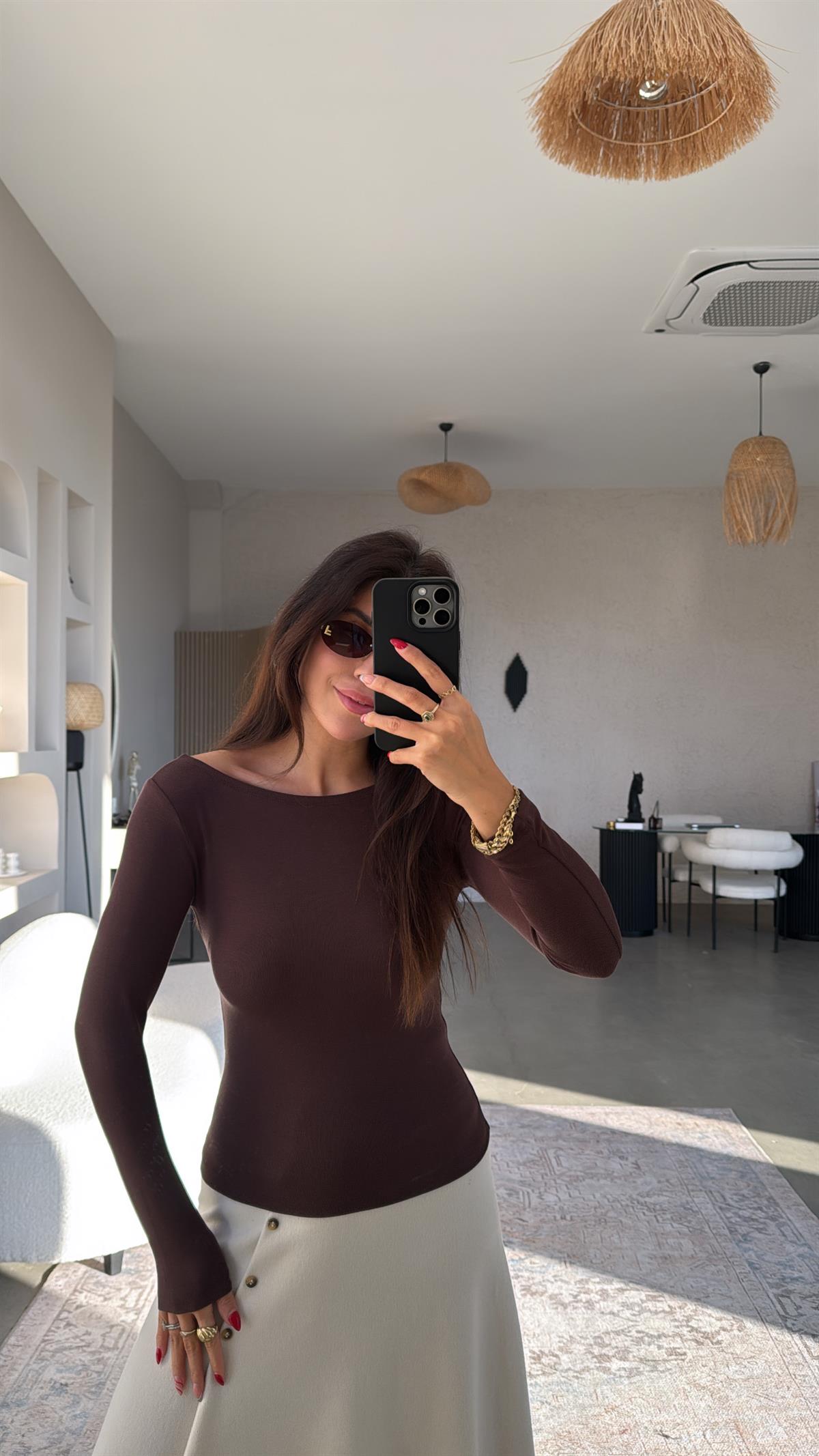 Kahverengi Pyr Uzun Kol Basic Bluz