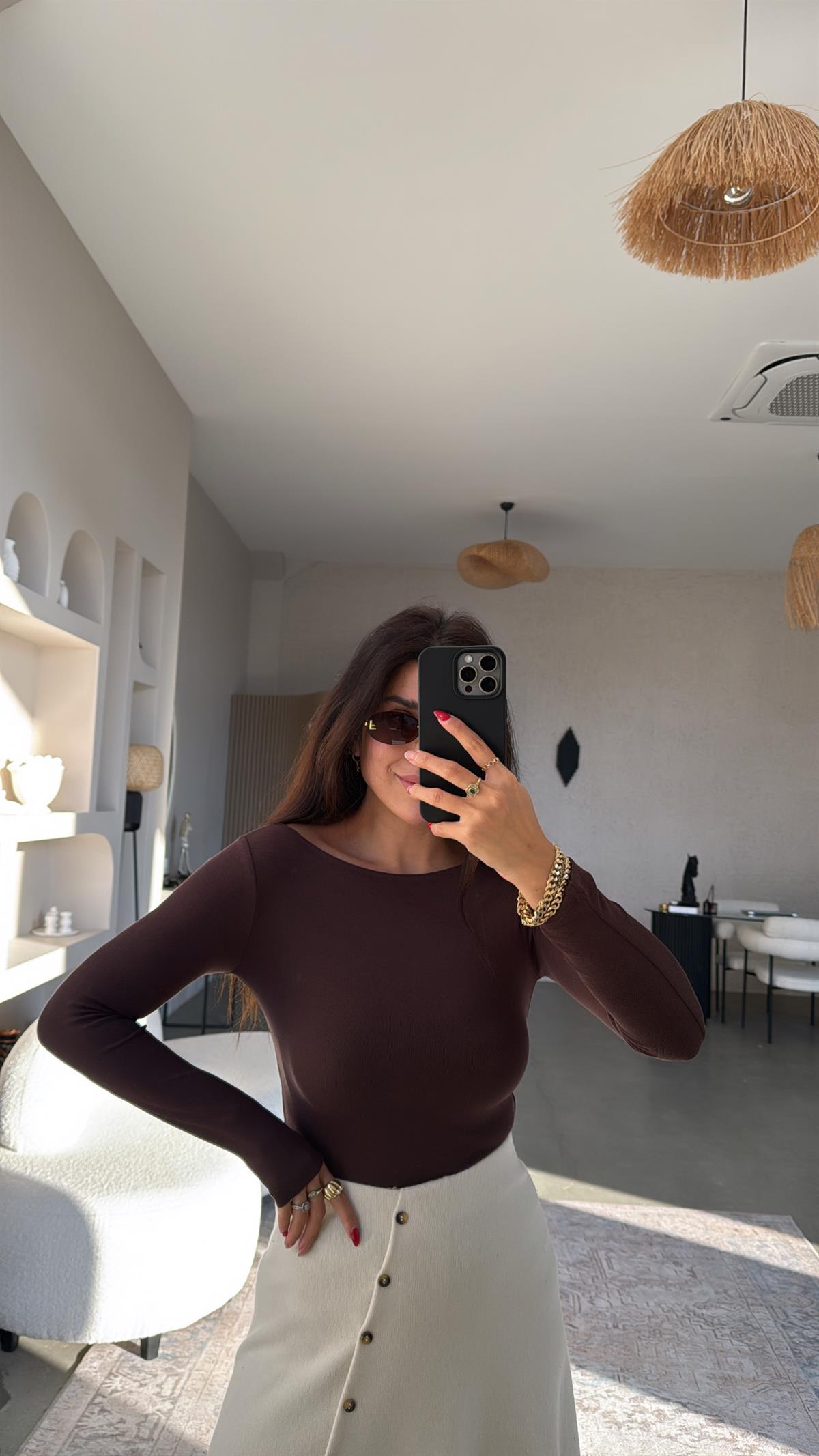 Kahverengi Pyr Uzun Kol Basic Bluz