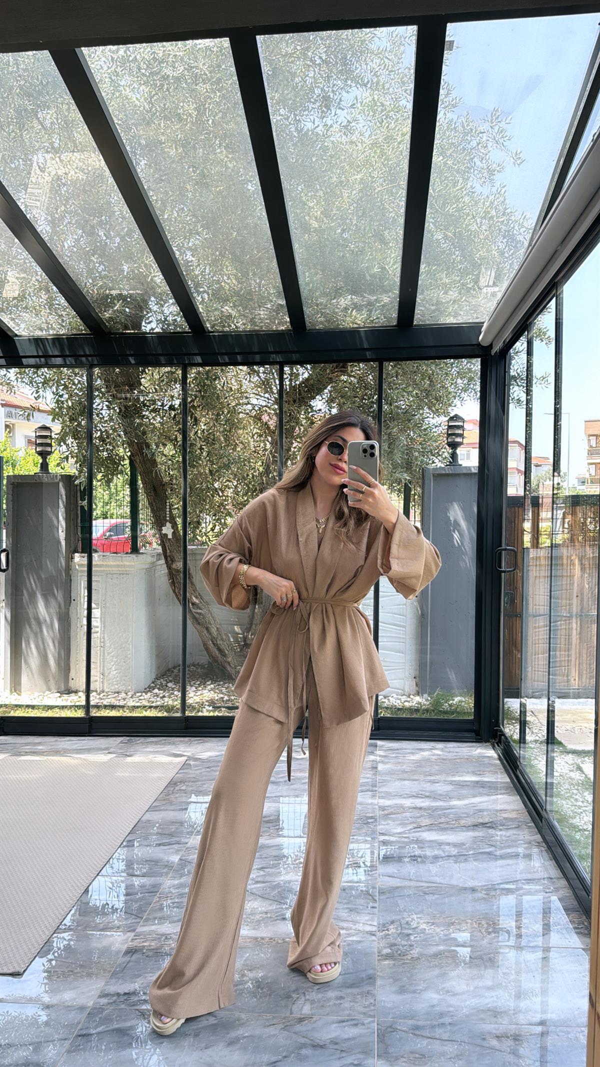 Kahverengi Şal Yaka Kimono Takım