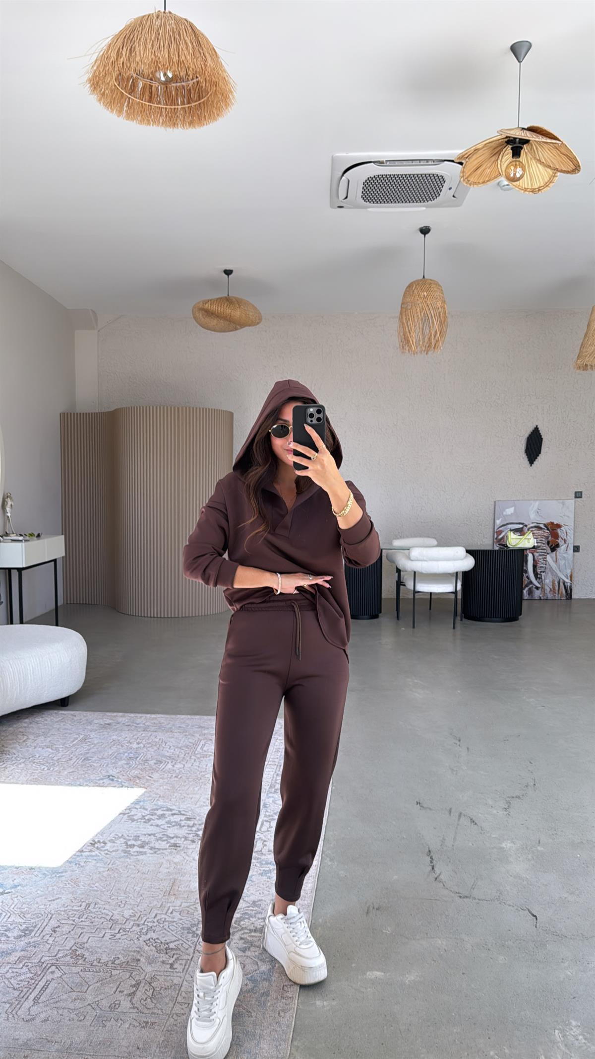 Kahverengi Scuba Kapüşonlu Takım