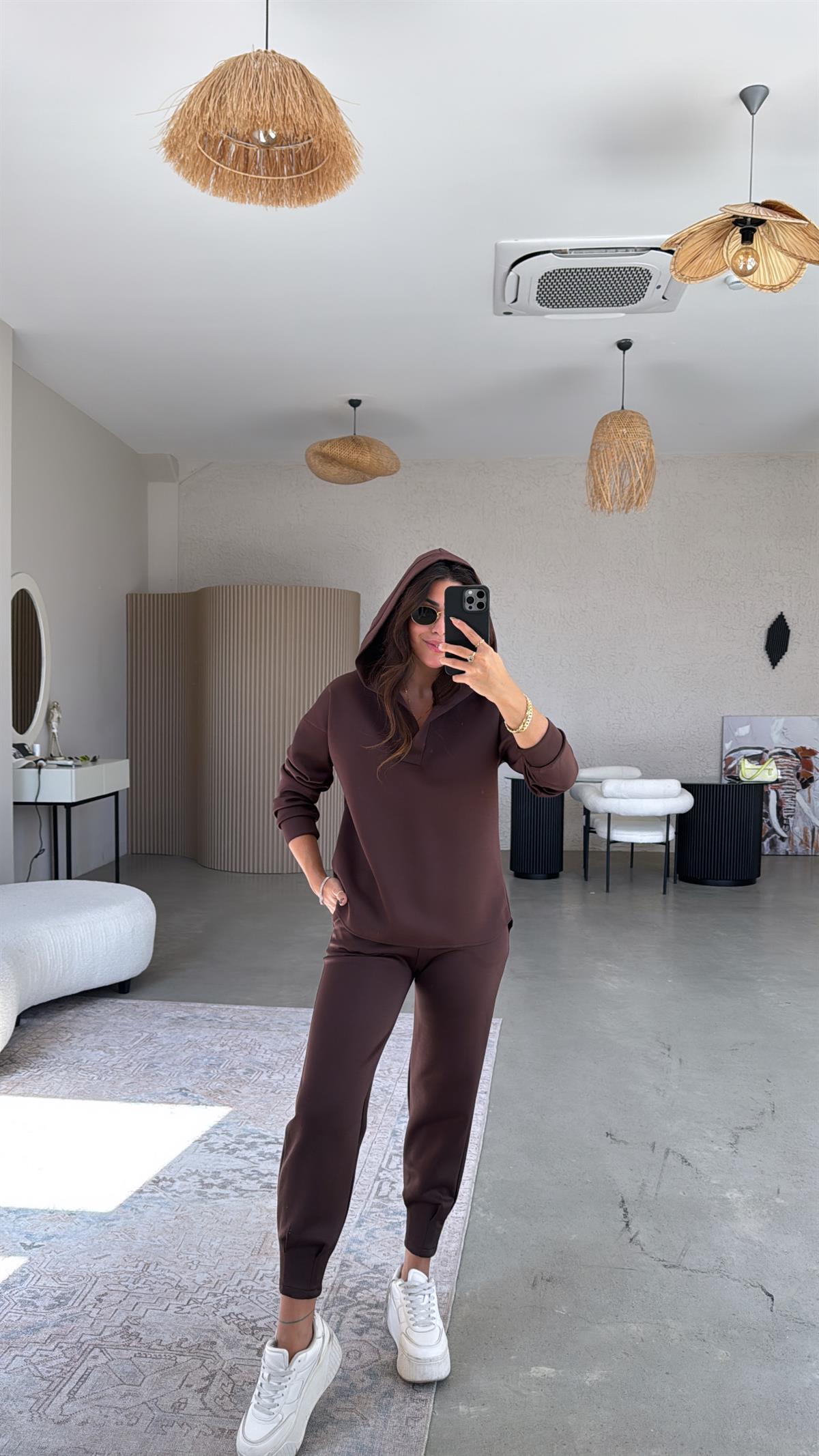 Kahverengi Scuba Kapüşonlu Takım