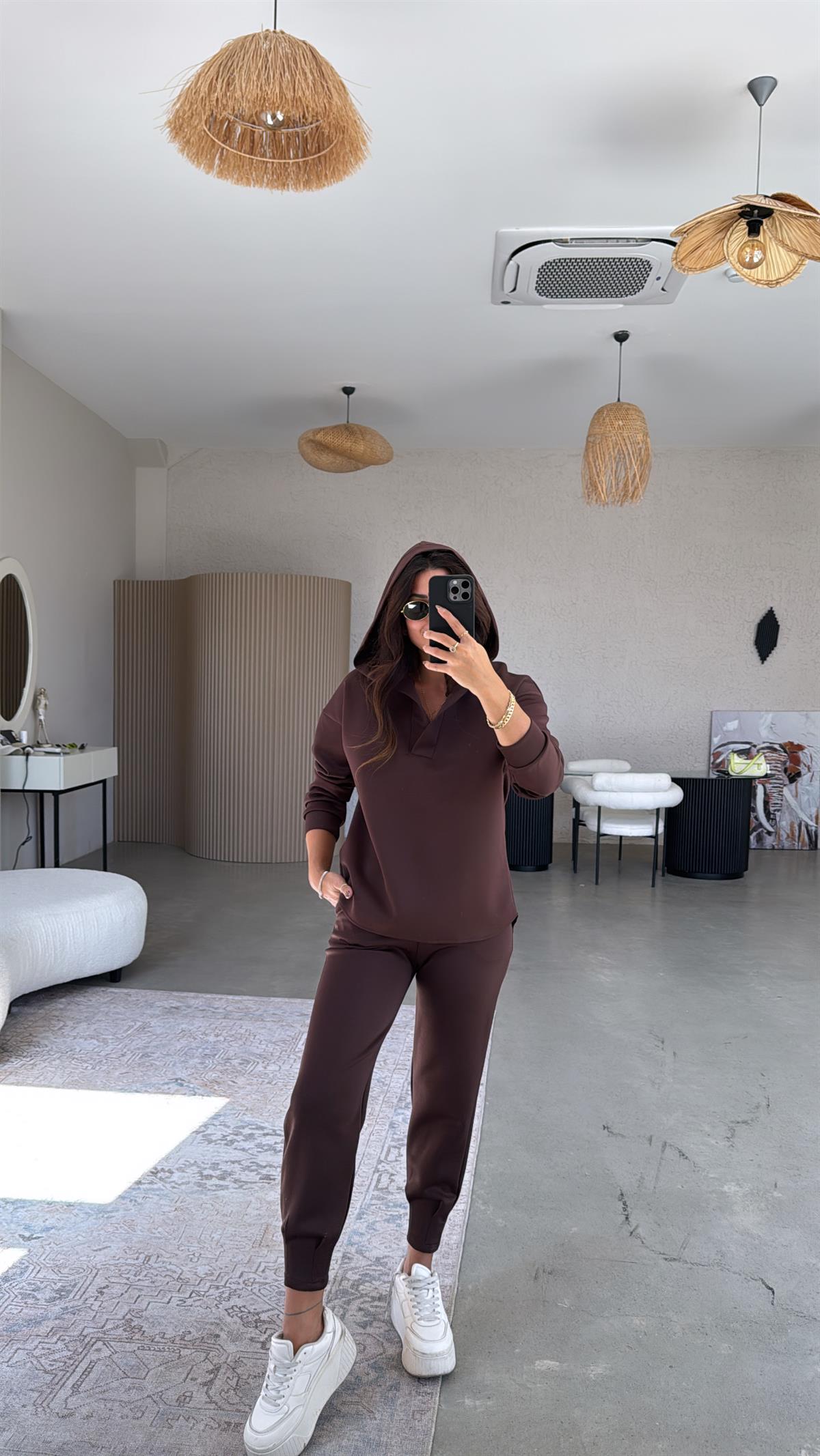 Kahverengi Scuba Kapüşonlu Takım