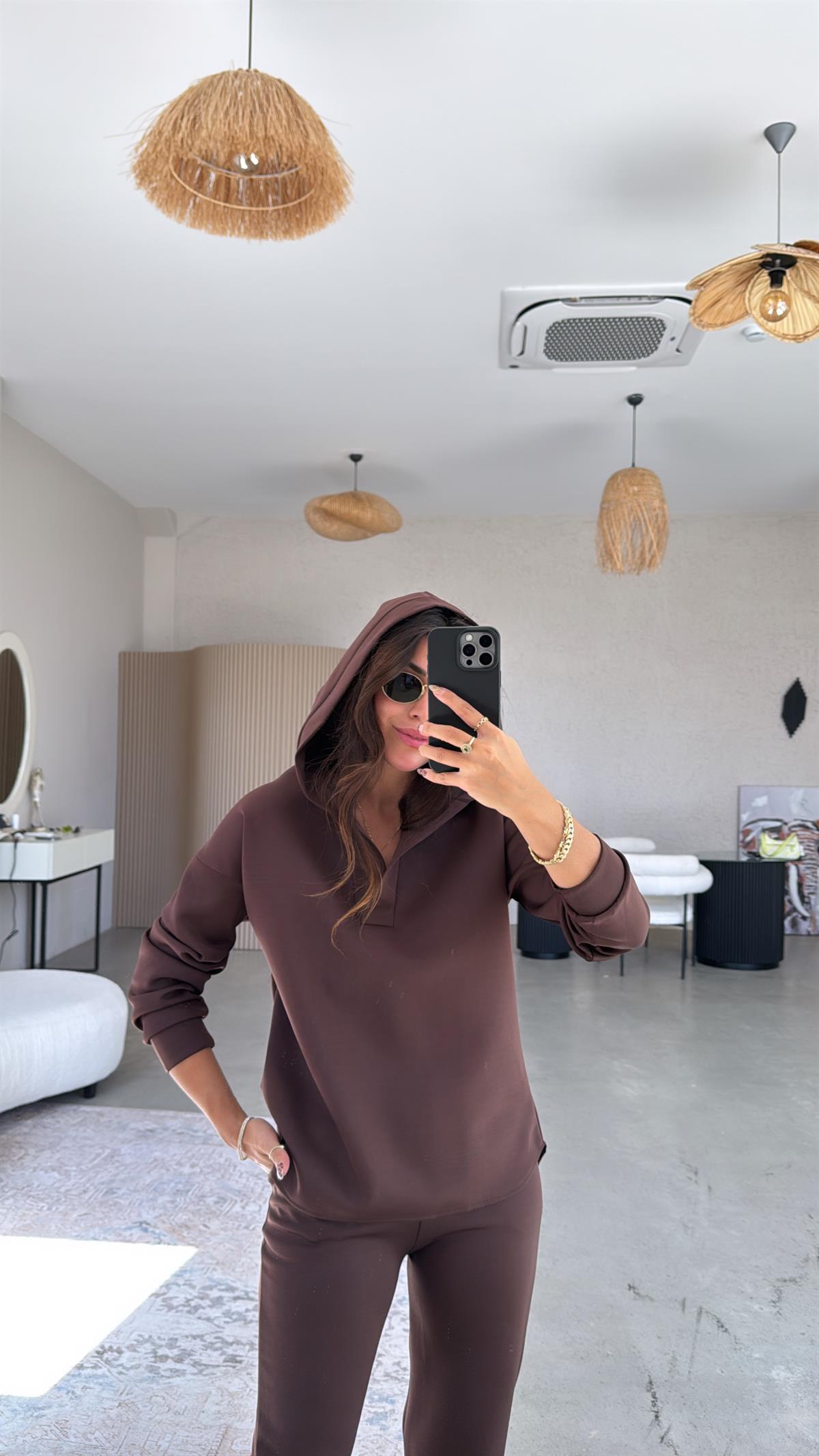 Kahverengi Scuba Kapüşonlu Takım