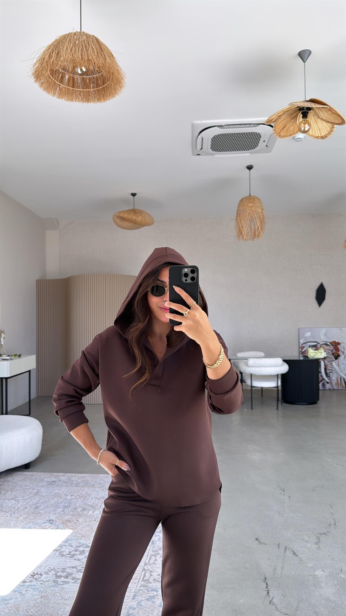 Kahverengi Scuba Kapüşonlu Takım