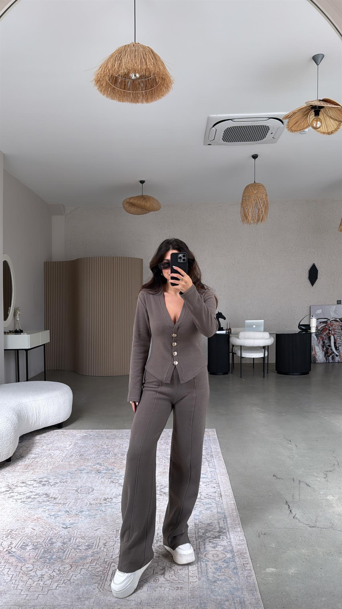 Kahverengi Selanik Triko ZR model Hırka Pantolon Takım