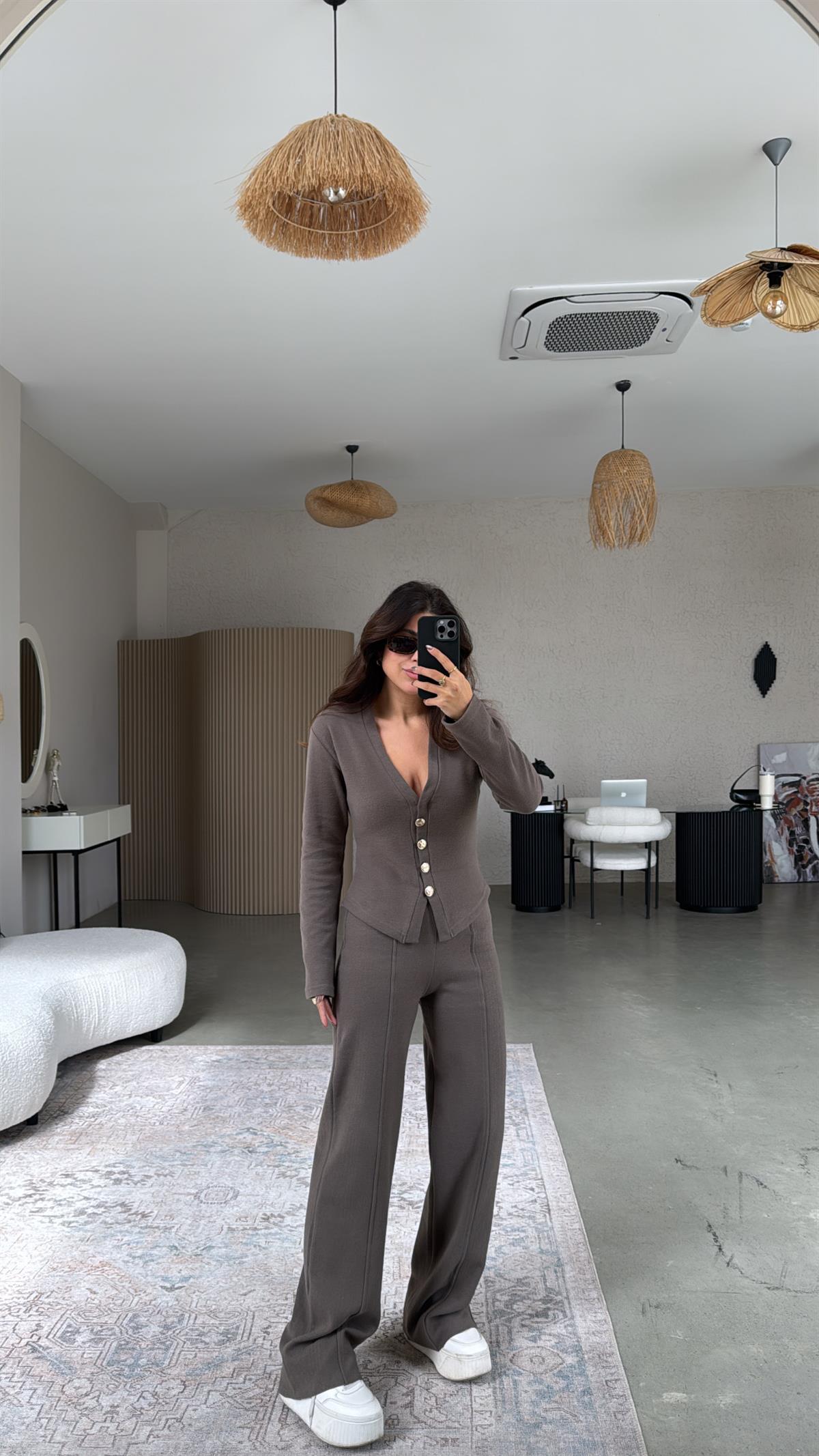 Kahverengi Selanik Triko ZR model Hırka Pantolon Takım