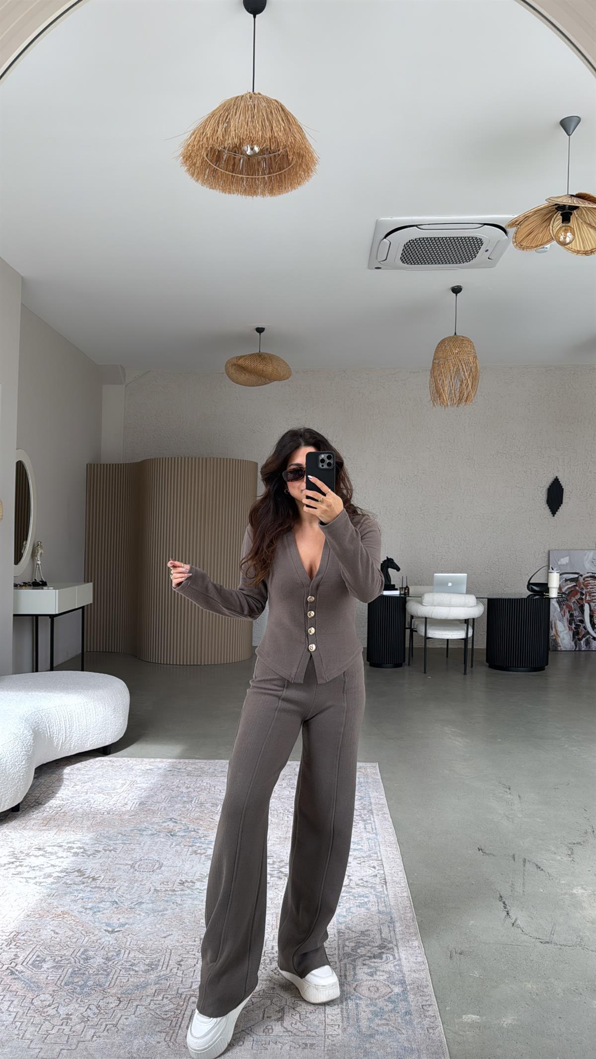 Kahverengi Selanik Triko ZR model Hırka Pantolon Takım