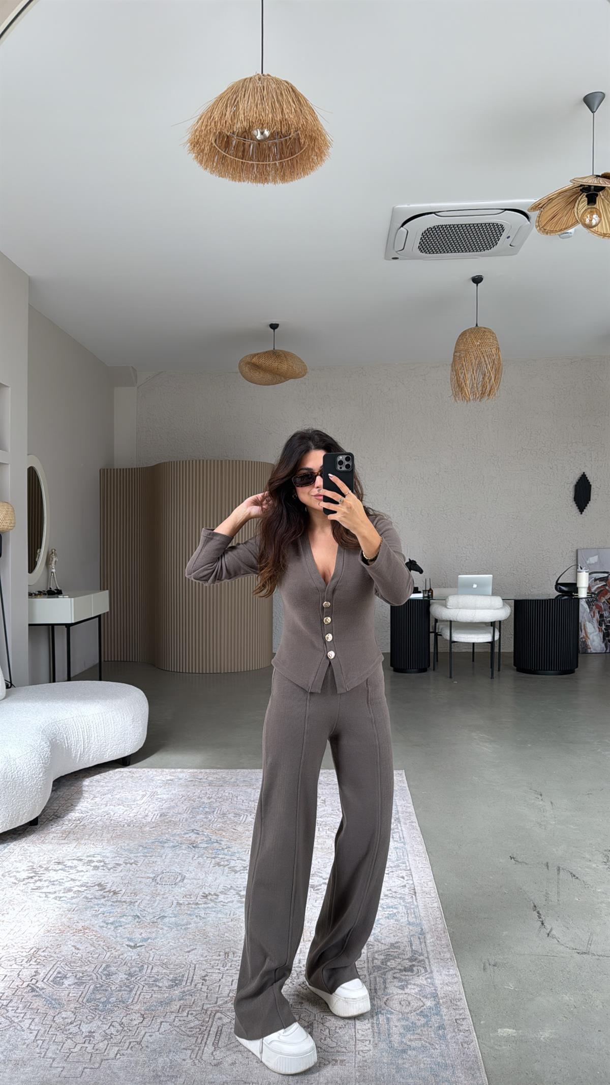 Kahverengi Selanik Triko ZR model Hırka Pantolon Takım