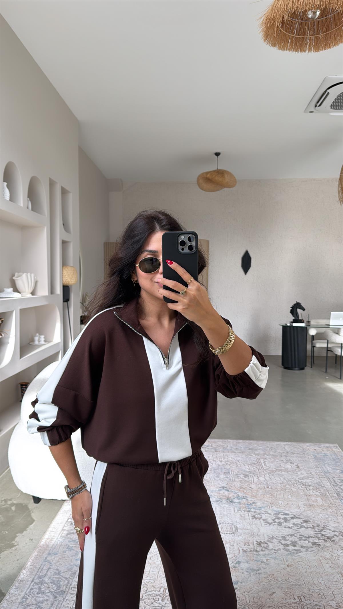 Kahverengi Şerit Detaylı Modal Eşofman Takımı